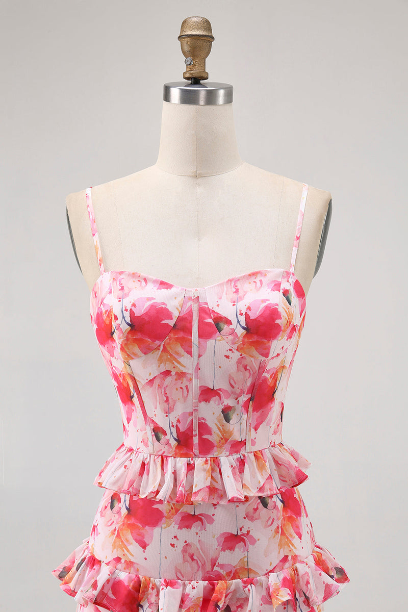 Laden Sie das Bild in den Galerie-Viewer, Rosa Geblümte Rüschen Langes Hochzeitsgastkleid mit Schlitz