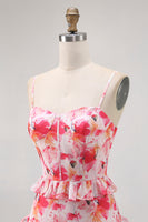 Laden Sie das Bild in den Galerie-Viewer, Rosa Geblümte Rüschen Langes Hochzeitsgastkleid mit Schlitz