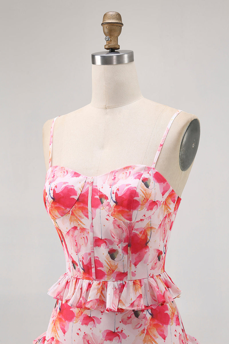 Laden Sie das Bild in den Galerie-Viewer, Rosa Geblümte Rüschen Langes Hochzeitsgastkleid mit Schlitz