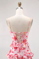 Laden Sie das Bild in den Galerie-Viewer, Rosa Geblümte Rüschen Langes Hochzeitsgastkleid mit Schlitz