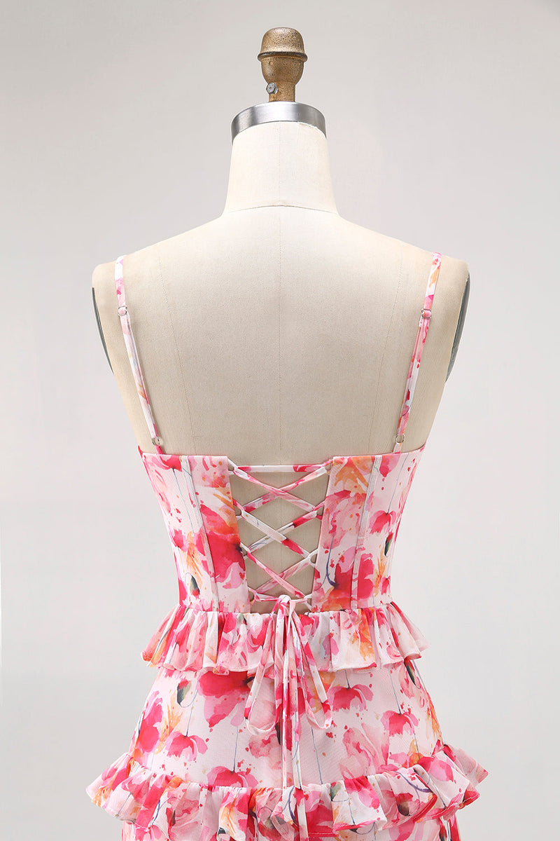 Laden Sie das Bild in den Galerie-Viewer, Rosa Geblümte Rüschen Langes Hochzeitsgastkleid mit Schlitz