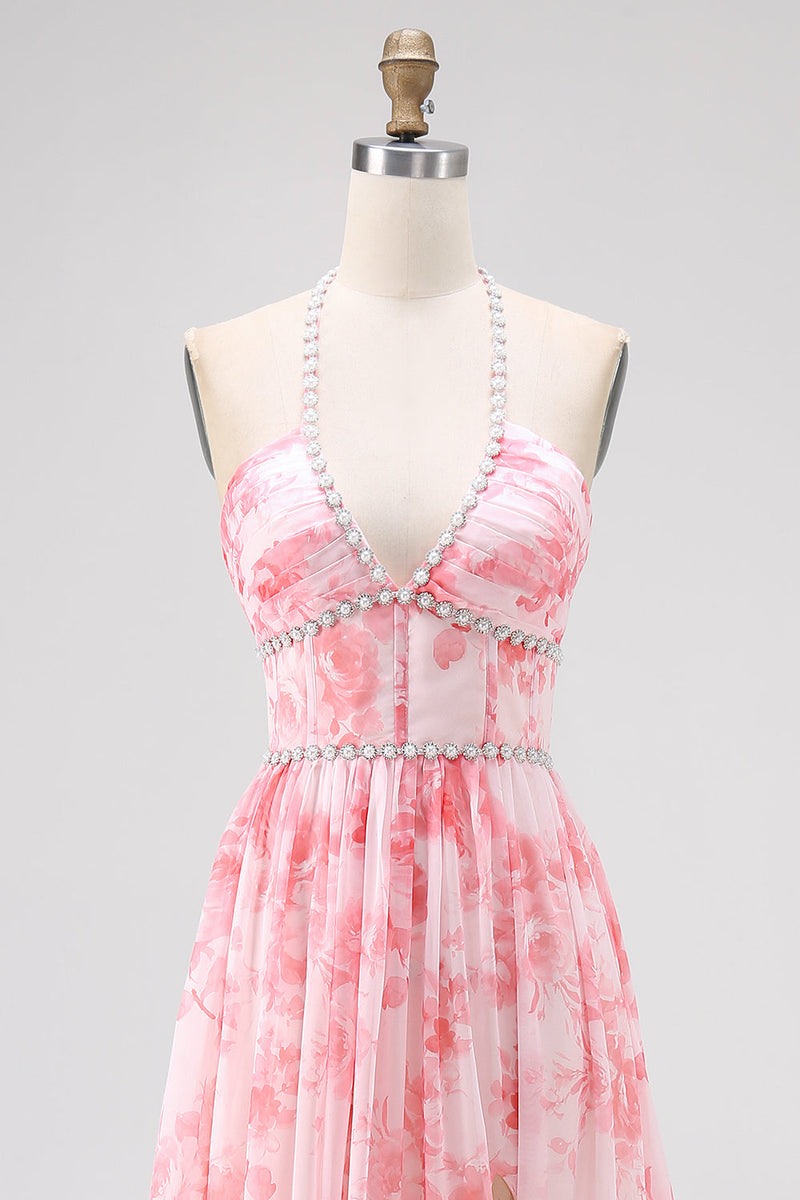 Laden Sie das Bild in den Galerie-Viewer, Blush Perlenbesetztes Neckholder Bedrucktes Kleid für Hochzeitsgäste mit Schlitz