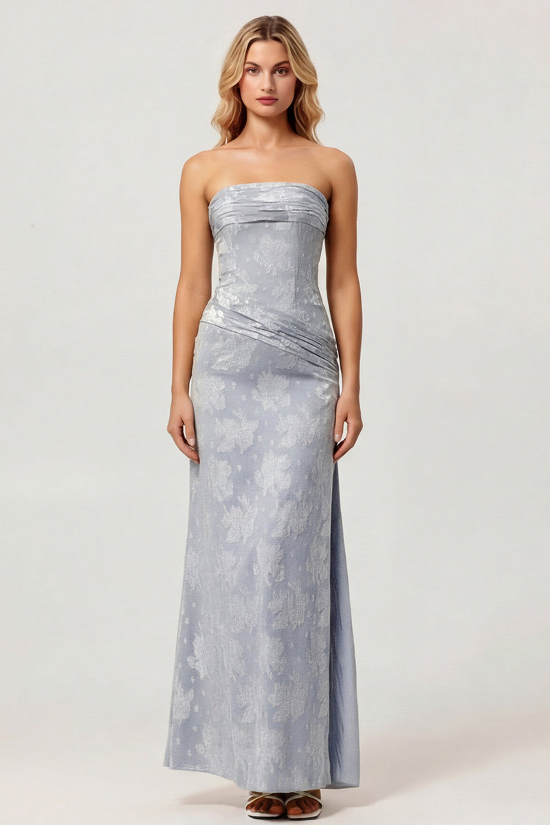 Laden Sie das Bild in den Galerie-Viewer, Staubiges Blau Gedrucktes Trägerloses Scheide Hochzeitsgast Kleid mit Schlitz