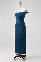 Laden Sie das Bild in den Galerie-Viewer, Tintenblaues Etui Langes Brautjungfernkleid aus Satin mit einer Schulter