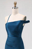 Laden Sie das Bild in den Galerie-Viewer, Tintenblaues Etui Langes Brautjungfernkleid aus Satin mit einer Schulter