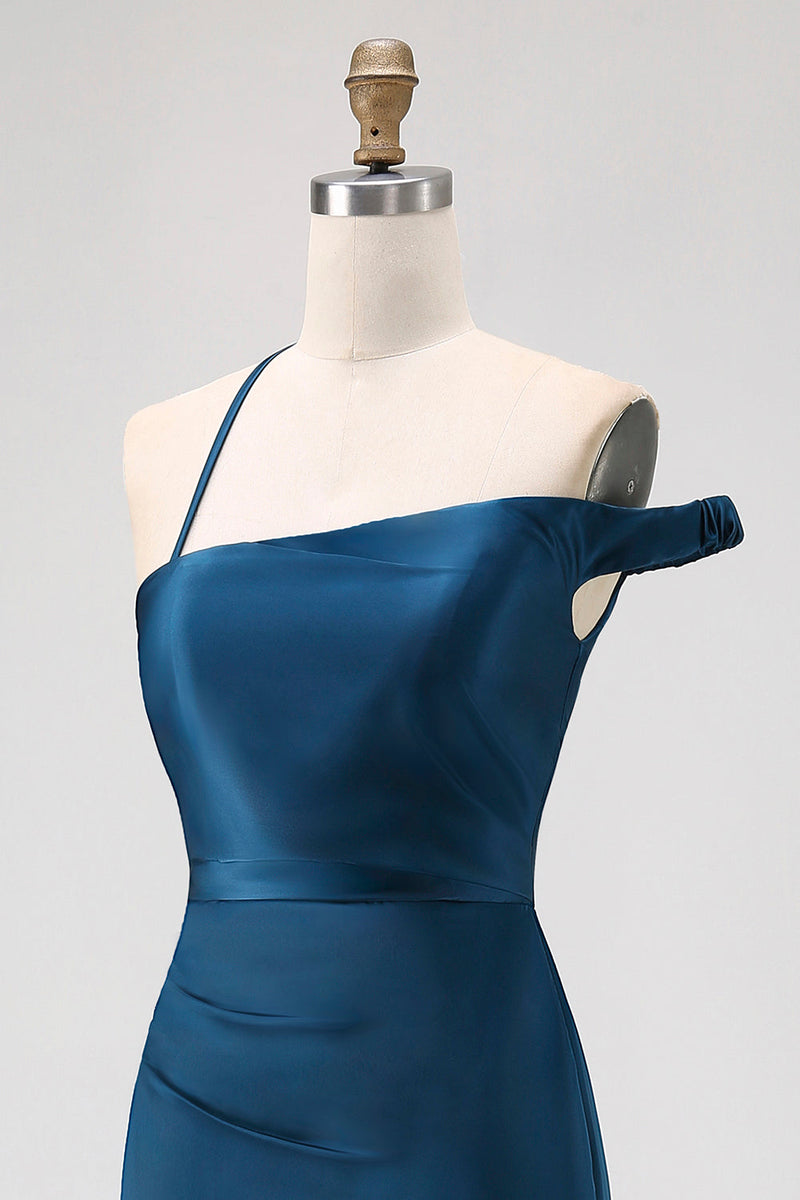 Laden Sie das Bild in den Galerie-Viewer, Tintenblaues Etui Langes Brautjungfernkleid aus Satin mit einer Schulter