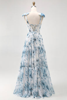 Langes A-Linie Blaues Brautjungfernkleid mit Blumendruck und Schnürung am Rücken