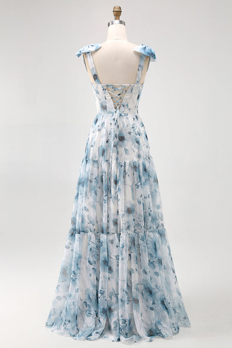 Laden Sie das Bild in den Galerie-Viewer, Langes A-Linie Blaues Brautjungfernkleid mit Blumendruck und Schnürung am Rücken