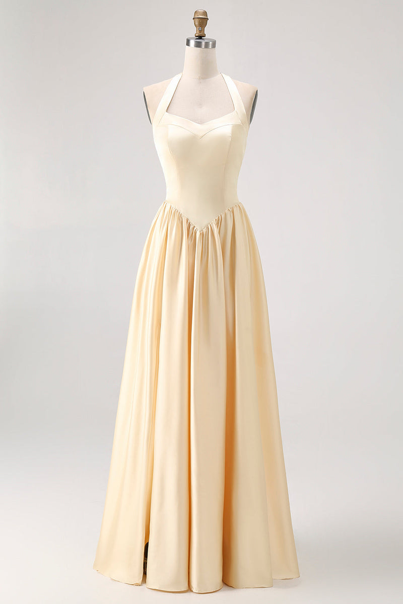 Laden Sie das Bild in den Galerie-Viewer, Narzissen Neckholder Brautjungfernkleid aus Satin in A-Linie