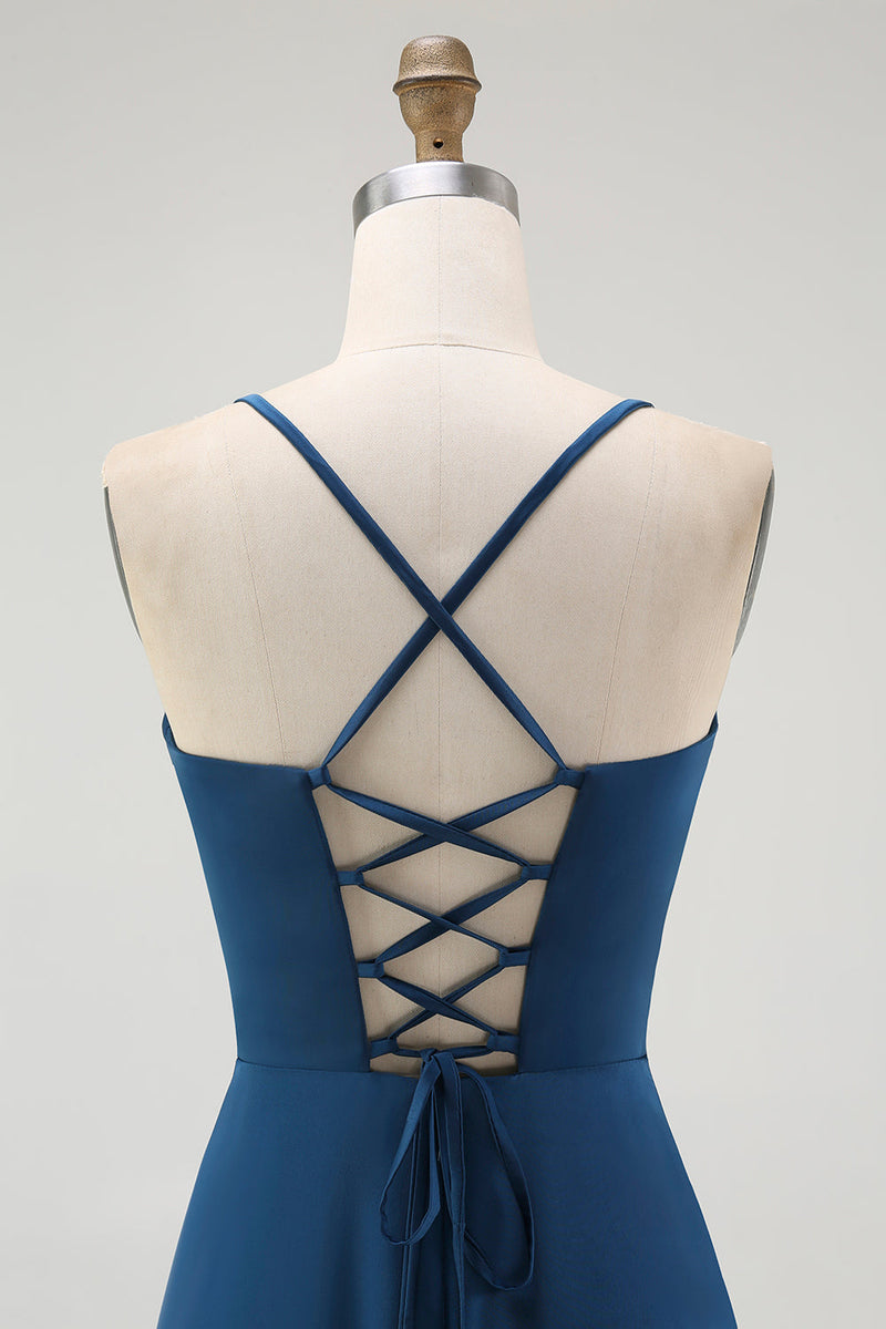 Laden Sie das Bild in den Galerie-Viewer, Dunkelblaues Spaghettiträger A Linie Langes Brautjungfernkleid