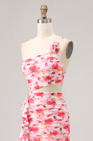 Laden Sie das Bild in den Galerie-Viewer, Etui Rotes Kleid für Hochzeitsgäste mit einer Schulter und Blumendruck