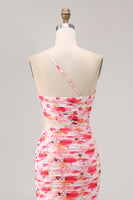 Laden Sie das Bild in den Galerie-Viewer, Etui Rotes Kleid für Hochzeitsgäste mit einer Schulter und Blumendruck