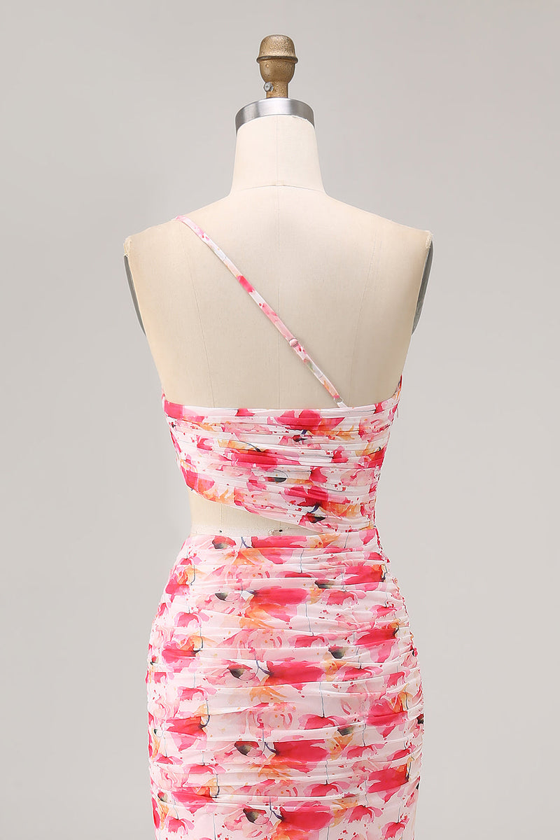 Laden Sie das Bild in den Galerie-Viewer, Etui Rotes Kleid für Hochzeitsgäste mit einer Schulter und Blumendruck