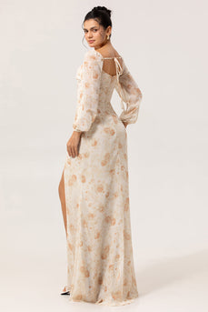 Gelbes Geblümtes Korsett Etui Langes Brautjungfernkleid mit langen Ärmeln