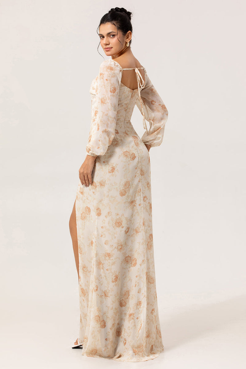 Laden Sie das Bild in den Galerie-Viewer, Gelbes Geblümtes Korsett Etui Langes Brautjungfernkleid mit langen Ärmeln