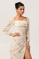 Laden Sie das Bild in den Galerie-Viewer, Gelbes Geblümtes Korsett Etui Langes Brautjungfernkleid mit langen Ärmeln