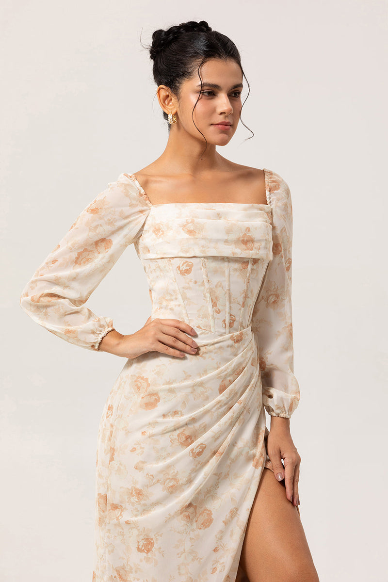 Laden Sie das Bild in den Galerie-Viewer, Gelbes Geblümtes Korsett Etui Langes Brautjungfernkleid mit langen Ärmeln