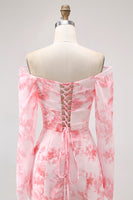 Laden Sie das Bild in den Galerie-Viewer, Rosa Blume Meerjungfrau Schulterfreies Langärmeliges Brautjungfernkleid mit Schlitz