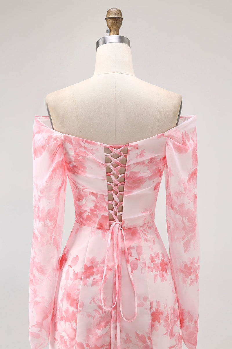 Laden Sie das Bild in den Galerie-Viewer, Rosa Blume Meerjungfrau Schulterfreies Langärmeliges Brautjungfernkleid mit Schlitz