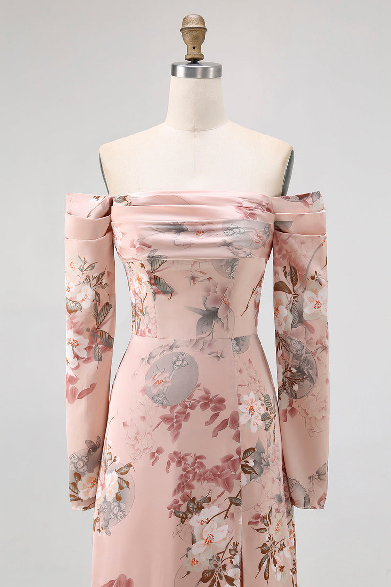 Laden Sie das Bild in den Galerie-Viewer, Blush Blumen Schulterfreies Etui Langes Hochzeitsgastkleid mit Schlitz