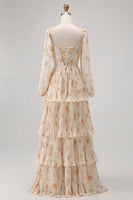 Laden Sie das Bild in den Galerie-Viewer, Champagner Geblümtes A-Linie Gestuftes Langärmeliges Brautjungfernkleid