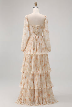 Champagner Geblümtes A-Linie Gestuftes Langärmeliges Brautjungfernkleid