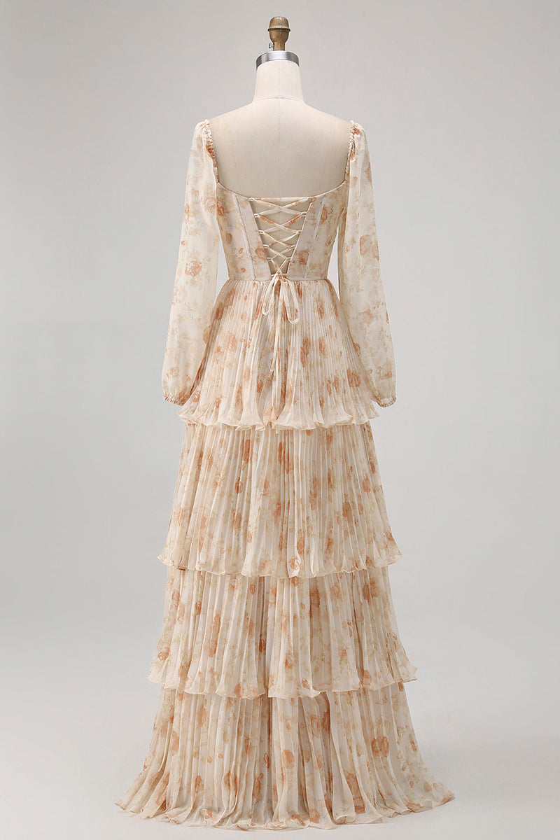 Laden Sie das Bild in den Galerie-Viewer, Champagner Geblümtes A-Linie Gestuftes Langärmeliges Brautjungfernkleid