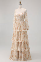 Laden Sie das Bild in den Galerie-Viewer, Champagner Geblümtes A-Linie Gestuftes Langärmeliges Brautjungfernkleid