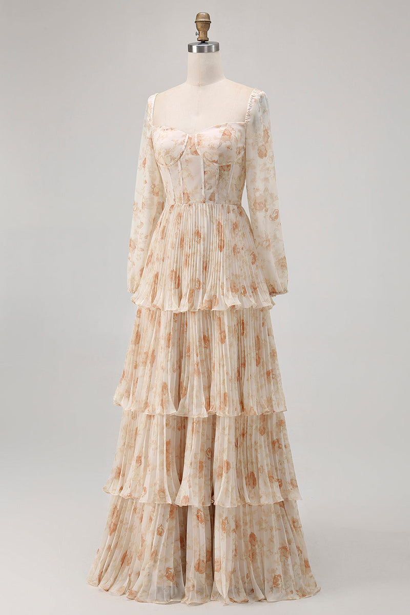 Laden Sie das Bild in den Galerie-Viewer, Champagner Geblümtes A-Linie Gestuftes Langärmeliges Brautjungfernkleid