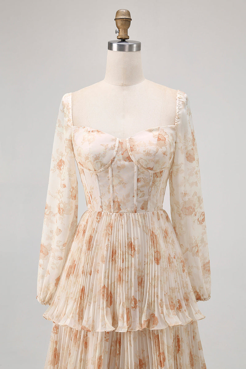 Laden Sie das Bild in den Galerie-Viewer, Champagner Geblümtes A-Linie Gestuftes Langärmeliges Brautjungfernkleid