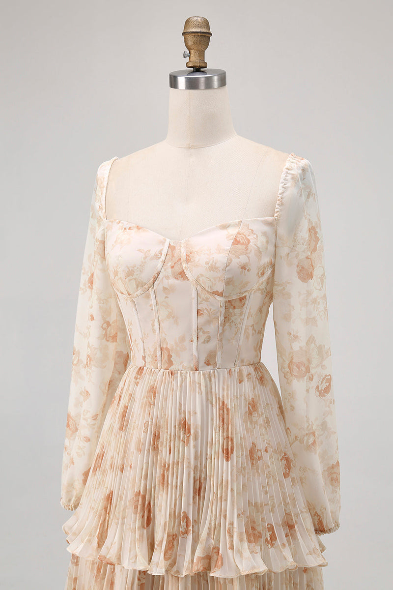 Laden Sie das Bild in den Galerie-Viewer, Champagner Geblümtes A-Linie Gestuftes Langärmeliges Brautjungfernkleid