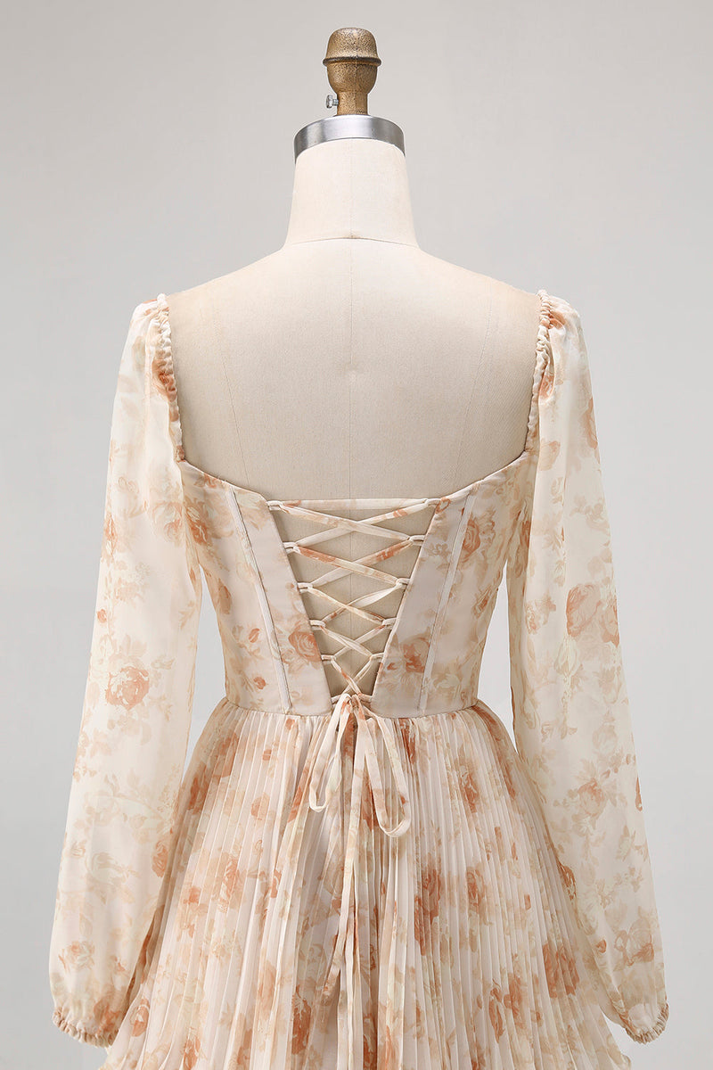 Laden Sie das Bild in den Galerie-Viewer, Champagner Geblümtes A-Linie Gestuftes Langärmeliges Brautjungfernkleid