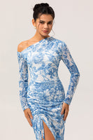 Laden Sie das Bild in den Galerie-Viewer, Eine Schulter Etui Blaue Blume Langarm Brautjungfernkleid mit Schlitz