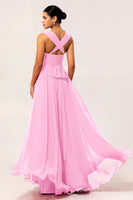 Laden Sie das Bild in den Galerie-Viewer, Fuchsia A Linie Wandelbares Chiffon Langes Brautjungfernkleid mit Schlitz