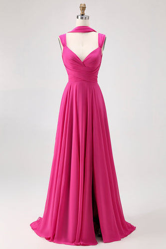 Fuchsia A Linie Wandelbares Chiffon Brautjungfernkleid mit Schlitz