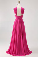 Laden Sie das Bild in den Galerie-Viewer, Fuchsia A Linie Wandelbares Chiffon Brautjungfernkleid mit Schlitz