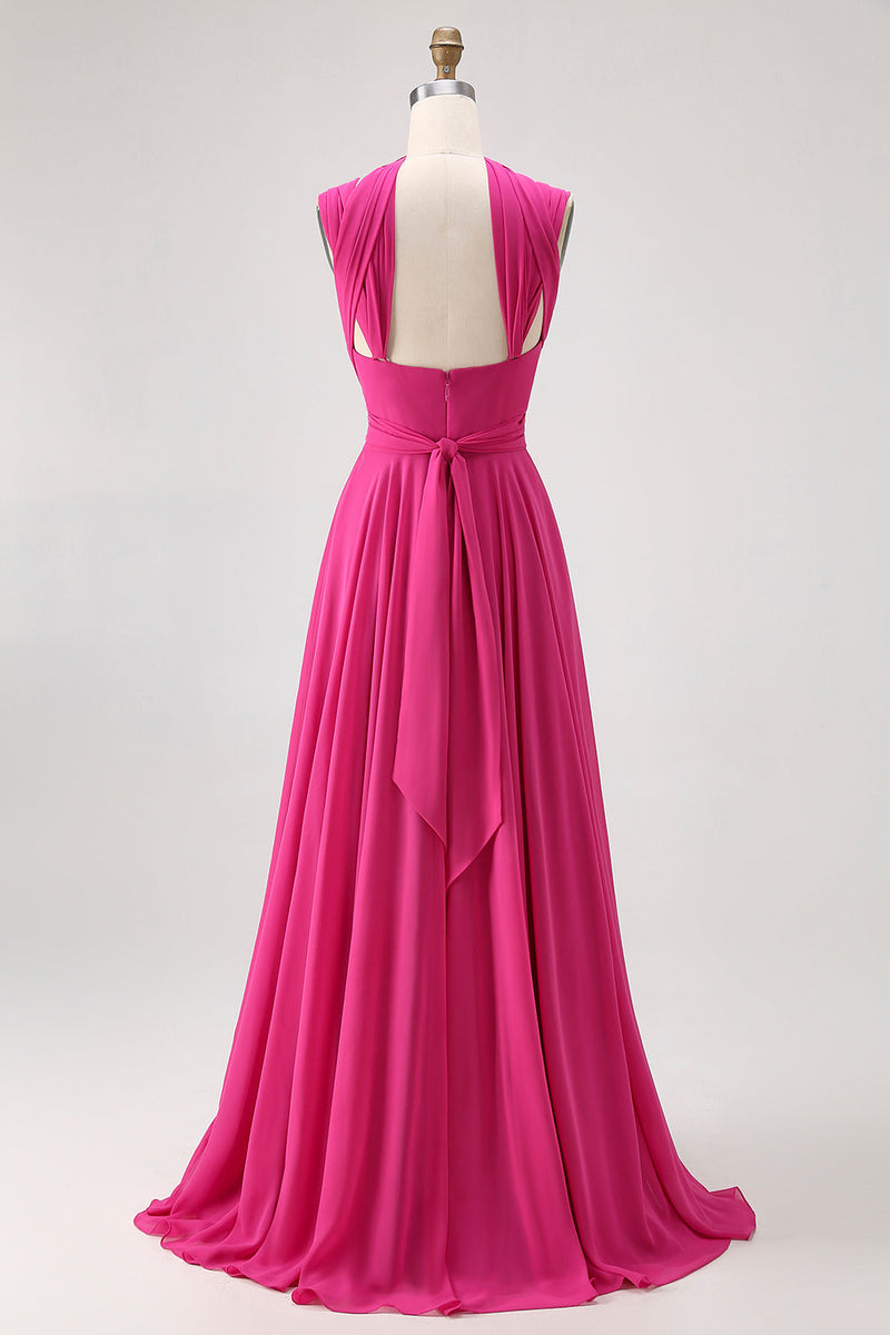 Laden Sie das Bild in den Galerie-Viewer, Fuchsia A Linie Wandelbares Chiffon Brautjungfernkleid mit Schlitz