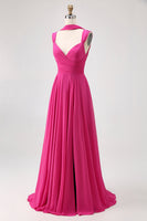 Laden Sie das Bild in den Galerie-Viewer, Fuchsia A Linie Wandelbares Chiffon Brautjungfernkleid mit Schlitz