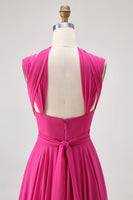 Laden Sie das Bild in den Galerie-Viewer, Fuchsia A Linie Wandelbares Chiffon Brautjungfernkleid mit Schlitz