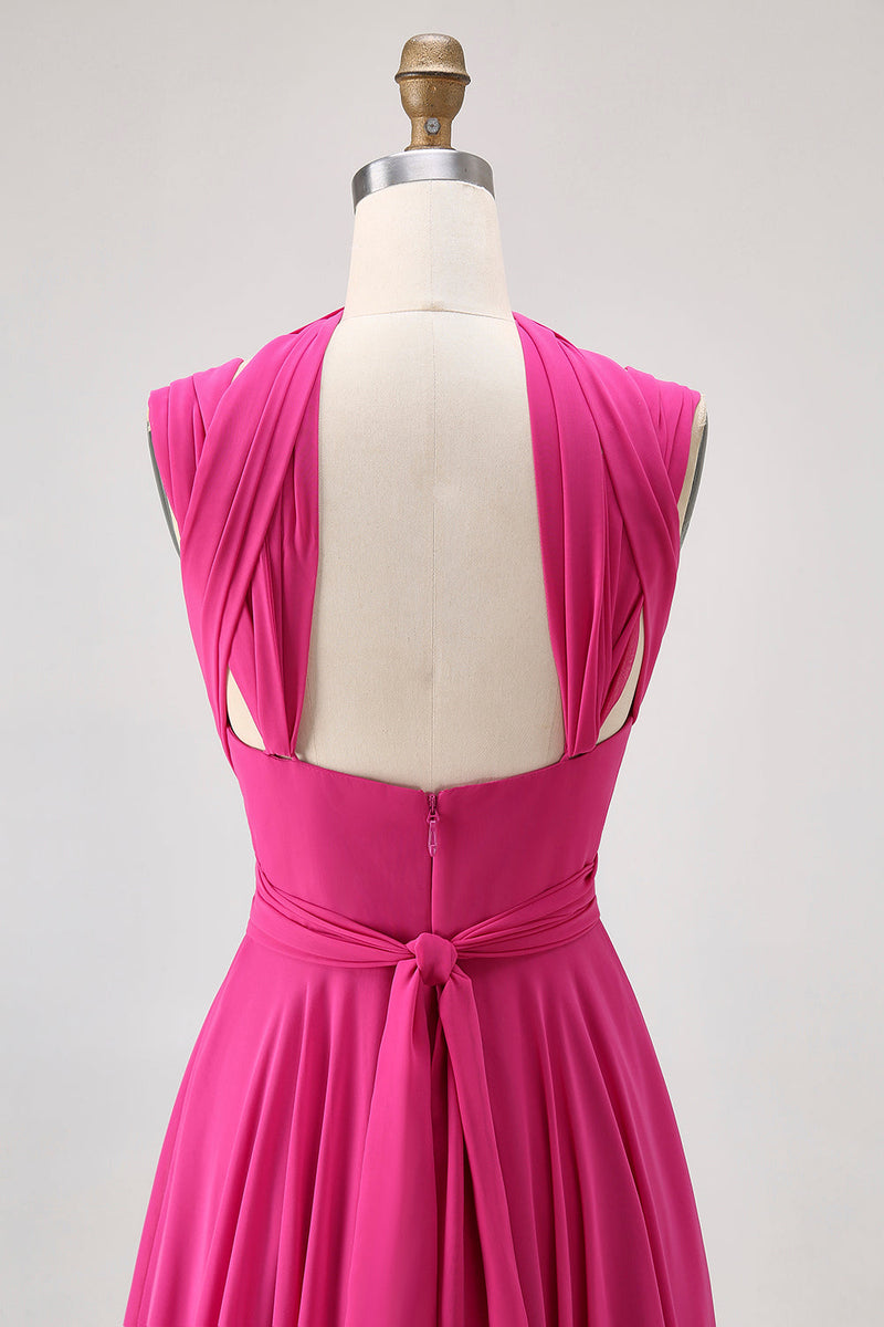 Laden Sie das Bild in den Galerie-Viewer, Fuchsia A Linie Wandelbares Chiffon Brautjungfernkleid mit Schlitz