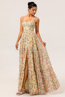 Laden Sie das Bild in den Galerie-Viewer, Gelbes Geblümtes Langes Brautjungfernkleid mit Perlen und Schlitz