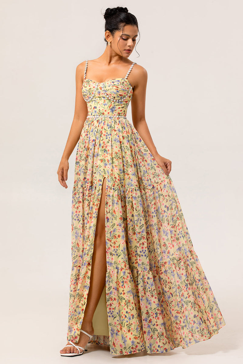 Laden Sie das Bild in den Galerie-Viewer, Gelbes Geblümtes Langes Brautjungfernkleid mit Perlen und Schlitz