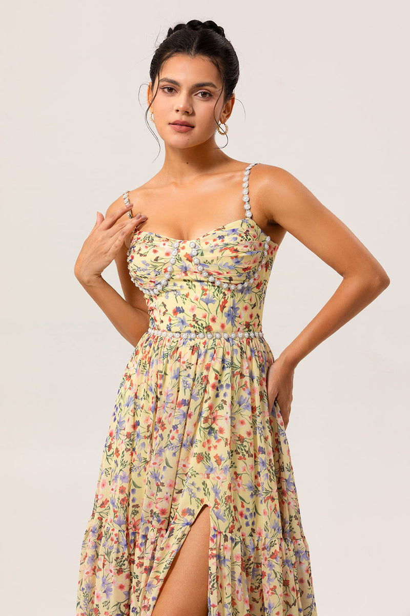 Laden Sie das Bild in den Galerie-Viewer, Gelbes Geblümtes Langes Brautjungfernkleid mit Perlen und Schlitz