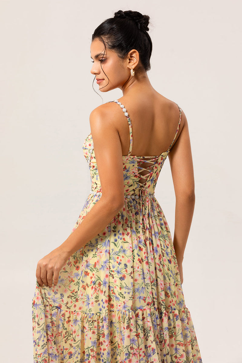 Laden Sie das Bild in den Galerie-Viewer, Gelbes Geblümtes Langes Brautjungfernkleid mit Perlen und Schlitz