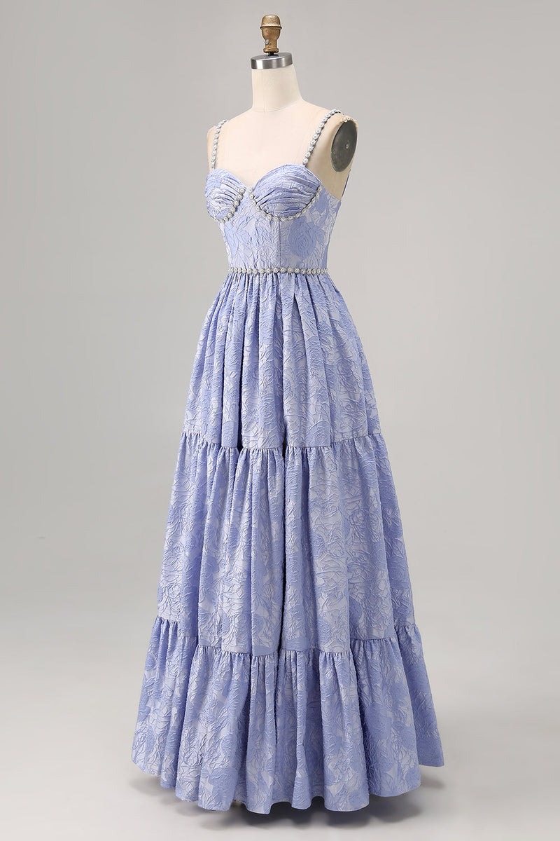 Laden Sie das Bild in den Galerie-Viewer, Blaue Blume A-Linie Perlen Hochzeitsgastkleid mit Schlitz