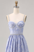 Laden Sie das Bild in den Galerie-Viewer, Blaue Blume A-Linie Perlen Hochzeitsgastkleid mit Schlitz