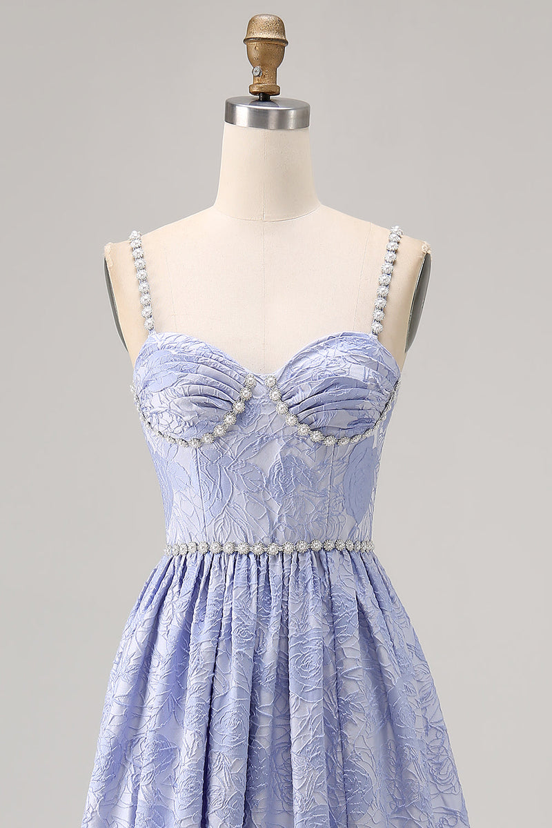 Laden Sie das Bild in den Galerie-Viewer, Blaue Blume A-Linie Perlen Hochzeitsgastkleid mit Schlitz