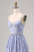 Laden Sie das Bild in den Galerie-Viewer, Blaue Blume A-Linie Perlen Hochzeitsgastkleid mit Schlitz