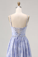 Laden Sie das Bild in den Galerie-Viewer, Blaue Blume A-Linie Perlen Hochzeitsgastkleid mit Schlitz