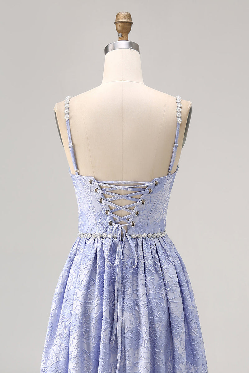 Laden Sie das Bild in den Galerie-Viewer, Blaue Blume A-Linie Perlen Hochzeitsgastkleid mit Schlitz